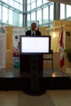 U of A's Peter Robertson addresses the audience which gathered for the TEC Edmonton launch on October 14, 2004