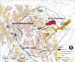 Map of Mark Hebblewhite's study area that includes the Yaha Tinda Ranch, Banff National Park and the Dogrib fire. Mark has been researching the interaction between elk and wolves.  One project funded by ACA Grants in Biodiversity looks at the impact of fire and salvage logging on elk migration.  Elk prefer the yummy grass that springs up in newly burned areas, so in the last few years, they stayed near the Yaha Tinda Ranch rather than migrate to Banff National Park in the summer.